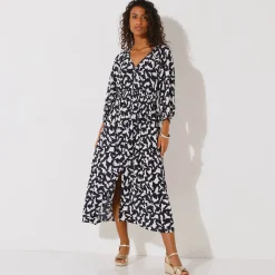 Jurk<Blancheporte Lange jurk met knopen in crepon, grafische print marine / ecru