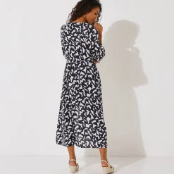 Jurk<Blancheporte Lange jurk met knopen in crepon, grafische print marine / ecru