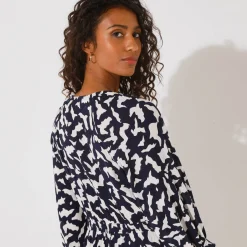 Jurk<Blancheporte Lange jurk met knopen in crepon, grafische print marine / ecru