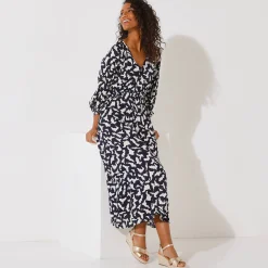 Jurk<Blancheporte Lange jurk met knopen in crepon, grafische print marine / ecru