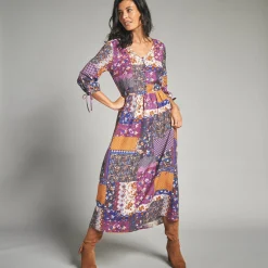 Jurk<Lora Zellini Lange jurk met patchworkprint en V-hals marine / paars