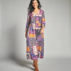 Jurk<Lora Zellini Lange jurk met patchworkprint en V-hals marine / paars