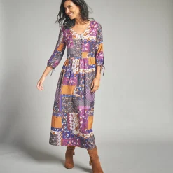 Jurk<Lora Zellini Lange jurk met patchworkprint en V-hals marine / paars