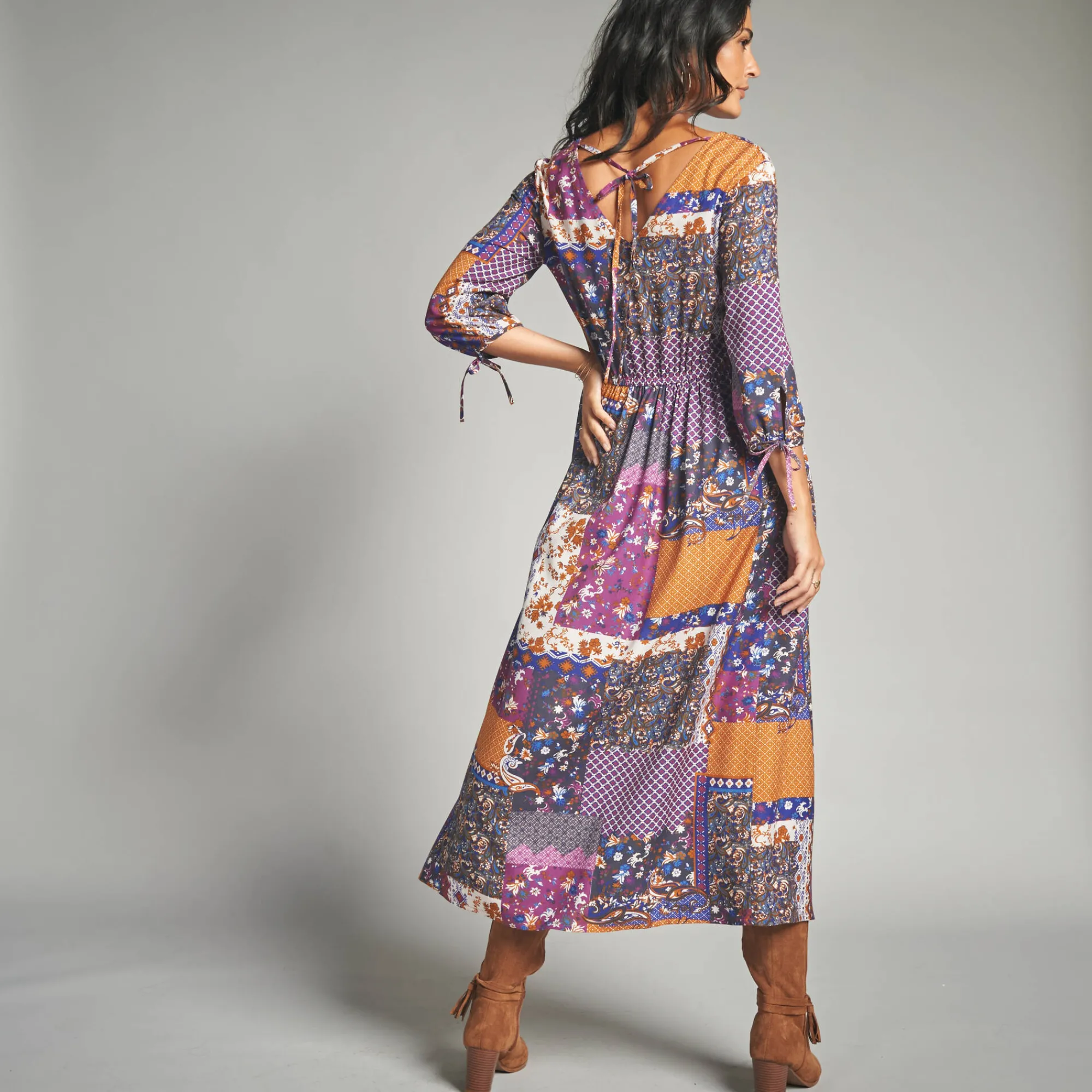 Jurk<Lora Zellini Lange jurk met patchworkprint en V-hals marine / paars