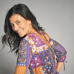 Jurk<Lora Zellini Lange jurk met patchworkprint en V-hals marine / paars