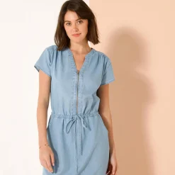 Jurk<Blancheporte Lange jurk met ritskraag, licht denim bleached