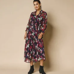 Feestoutfits Dames|Jurk<Blancheporte Lange jurk met smokwerk aan de taille, bedrukte voile zwart / veelkleurig