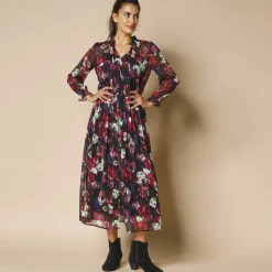 Feestoutfits Dames|Jurk<Blancheporte Lange jurk met smokwerk aan de taille, bedrukte voile zwart / veelkleurig