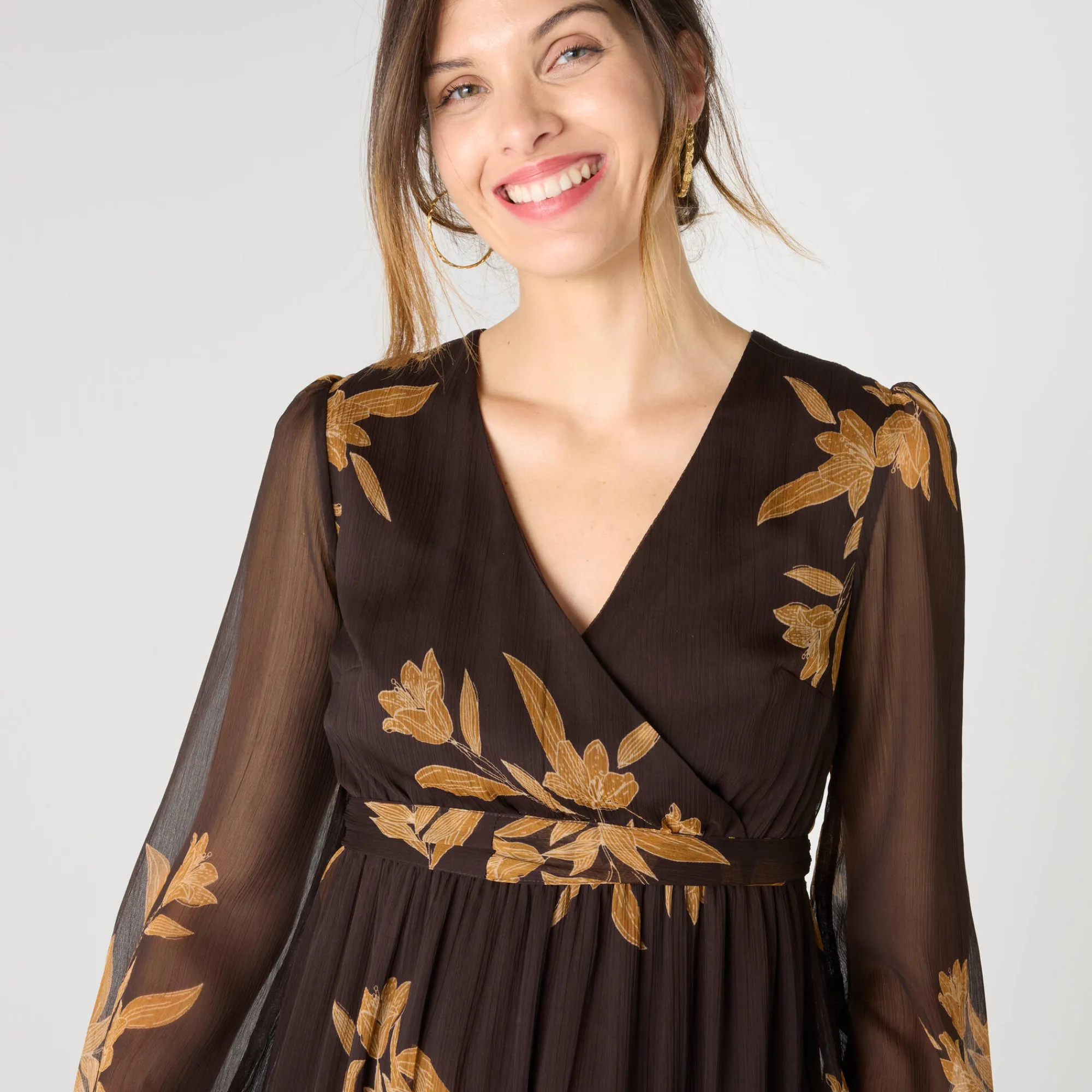 Feestoutfits Dames|Jurk<Blancheporte Lange jurk met stroken, bedrukte voile chocolade / karamel