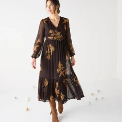 Feestoutfits Dames|Jurk<Blancheporte Lange jurk met stroken, bedrukte voile chocolade / karamel