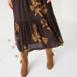 Feestoutfits Dames|Jurk<Blancheporte Lange jurk met stroken, bedrukte voile chocolade / karamel