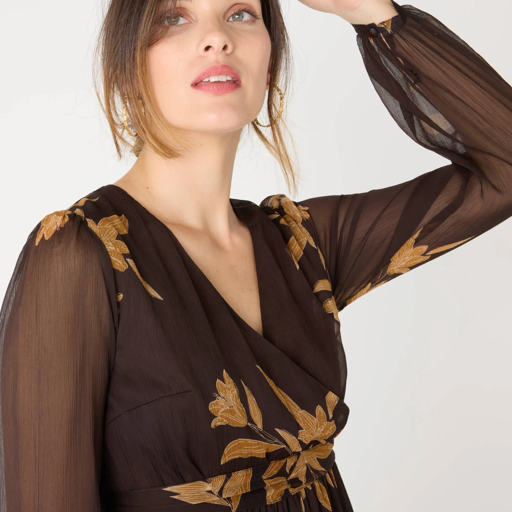 Feestoutfits Dames|Jurk<Blancheporte Lange jurk met stroken, bedrukte voile chocolade / karamel
