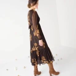 Feestoutfits Dames|Jurk<Blancheporte Lange jurk met stroken, bedrukte voile chocolade / karamel