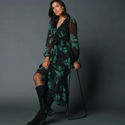 Feestoutfits Dames|Jurk<Blancheporte Lange jurk met stroken, bedrukte voile zwart / smaragd