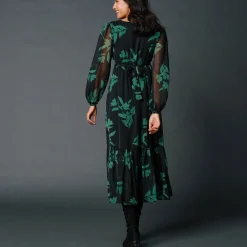 Feestoutfits Dames|Jurk<Blancheporte Lange jurk met stroken, bedrukte voile zwart / smaragd