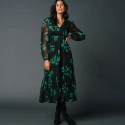 Feestoutfits Dames|Jurk<Blancheporte Lange jurk met stroken, bedrukte voile zwart / smaragd