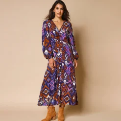 Jurk<Blancheporte Lange jurk met V-hals, bedrukt indigo / violine