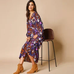 Jurk<Blancheporte Lange jurk met V-hals, bedrukt indigo / violine