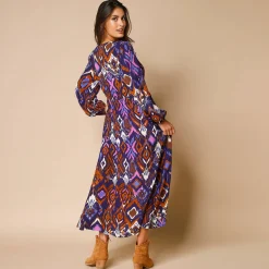 Jurk<Blancheporte Lange jurk met V-hals, bedrukt indigo / violine