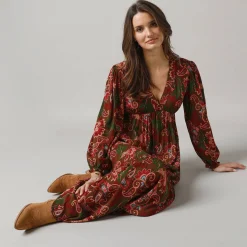 Feestoutfits Dames|Jurk<Lora Zellini Lange jurk met V-hals en bloezende mouwen, bedrukt crepon veelkleurig
