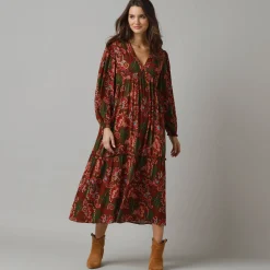 Feestoutfits Dames|Jurk<Lora Zellini Lange jurk met V-hals en bloezende mouwen, bedrukt crepon veelkleurig