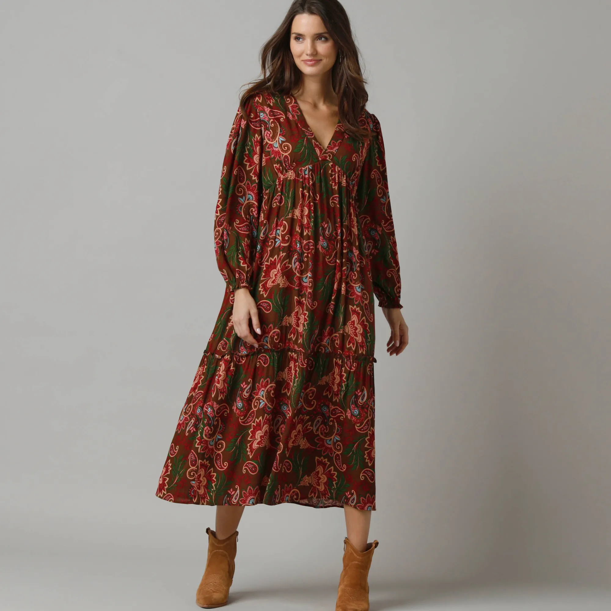 Feestoutfits Dames|Jurk<Lora Zellini Lange jurk met V-hals en bloezende mouwen, bedrukt crepon veelkleurig