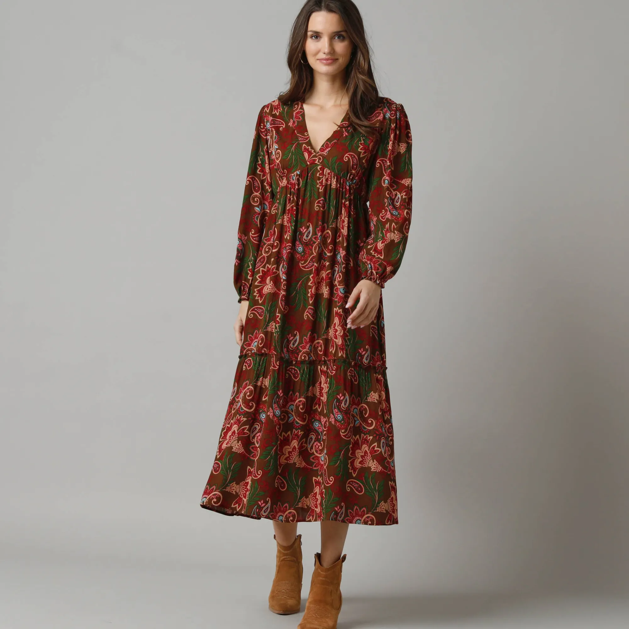 Feestoutfits Dames|Jurk<Lora Zellini Lange jurk met V-hals en bloezende mouwen, bedrukt crepon veelkleurig