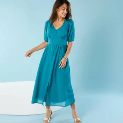 Jurk<Blancheporte Lange jurk voor Kleine Lengtes, effen voile eendengroen