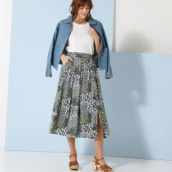 Rok<Blancheporte Lange rok in bedrukte crepon blauw / groen