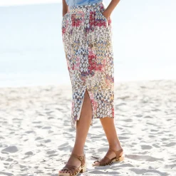 Rok<Blancheporte Lange rok in bedrukte crepon ecru / blauw
