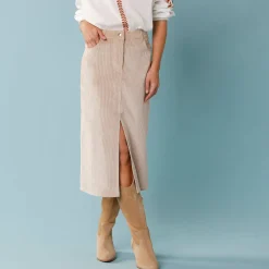 Rok<Blancheporte Lange rok in ribvelours, kleine lengtes zandkleur