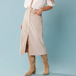 Rok<Blancheporte Lange rok in ribvelours, kleine lengtes zandkleur