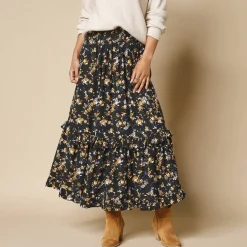 Rok<Blancheporte Lange rok met bloemenprint zwart / honing