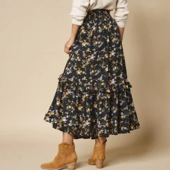 Rok<Blancheporte Lange rok met bloemenprint zwart / honing