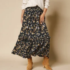 Rok<Blancheporte Lange rok met bloemenprint zwart / honing