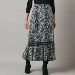 Feestoutfits Dames|Rok<Lora Zellini Lange rok met fronsrokvolume, jerseytricot zwart / ecru