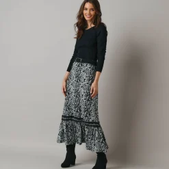 Feestoutfits Dames|Rok<Lora Zellini Lange rok met fronsrokvolume, jerseytricot zwart / ecru