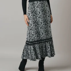 Feestoutfits Dames|Rok<Lora Zellini Lange rok met fronsrokvolume, jerseytricot zwart / ecru