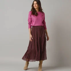 Rok<Lora Zellini Lange rok met fronsrokvolume, bedrukte voile chocolade / violine