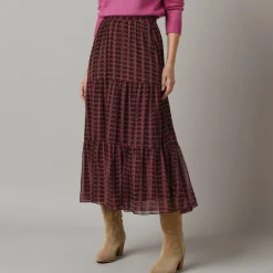 Rok<Lora Zellini Lange rok met fronsrokvolume, bedrukte voile chocolade / violine