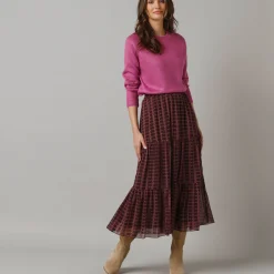 Rok<Lora Zellini Lange rok met fronsrokvolume, bedrukte voile chocolade / violine