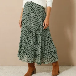 Rok<Blancheporte Lange rok met plissé, voile met luipaardprint kaki / zwart