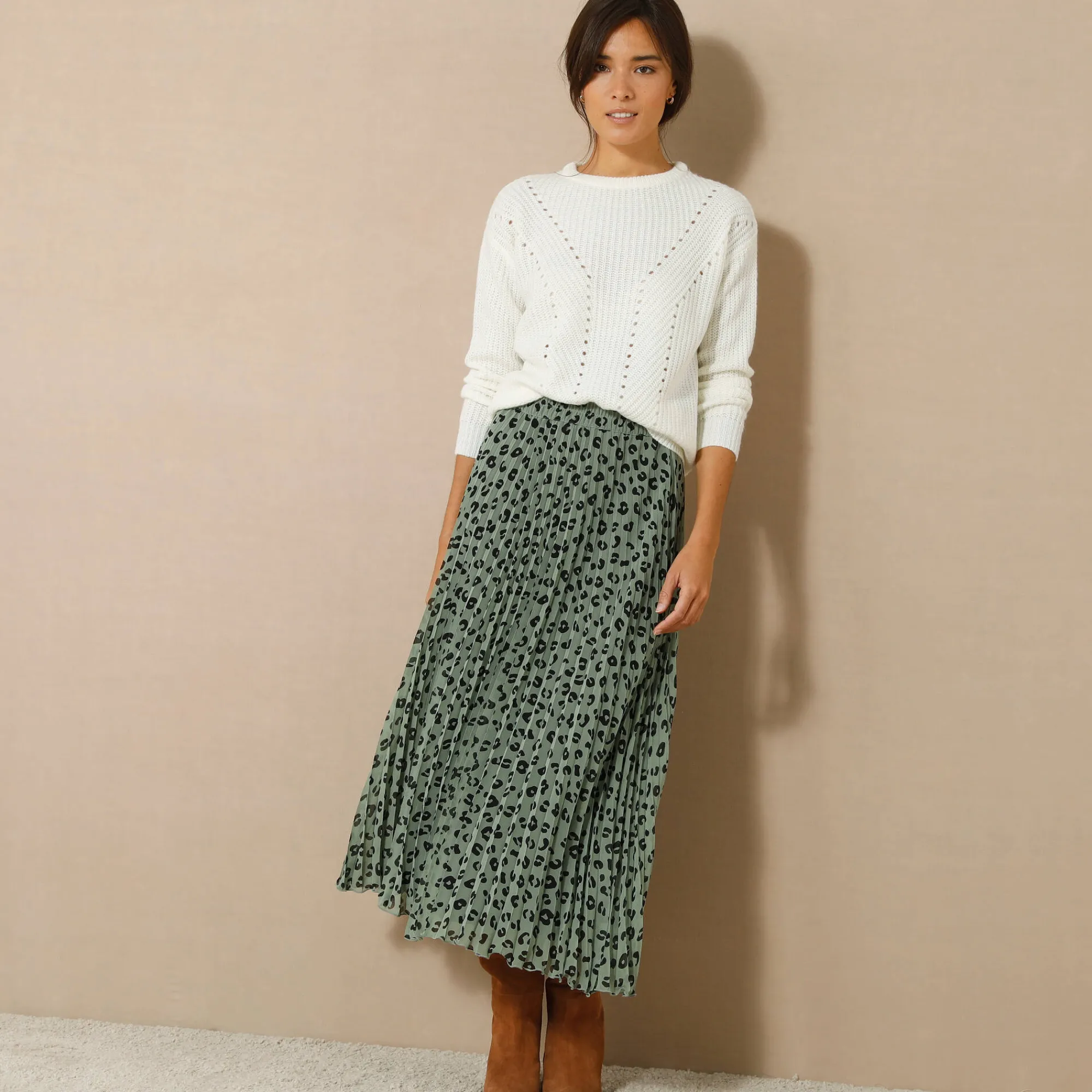 Rok<Blancheporte Lange rok met plissé, voile met luipaardprint kaki / zwart
