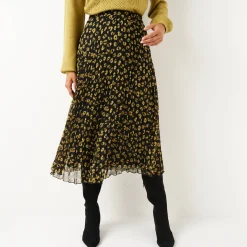 Rok<Blancheporte Lange rok met plissé, voile met luipaardprint zwart / olijfgroen