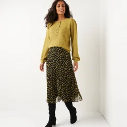 Rok<Blancheporte Lange rok met plissé, voile met luipaardprint zwart / olijfgroen
