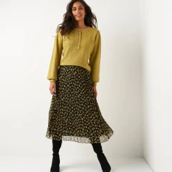 Rok<Blancheporte Lange rok met plissé, voile met luipaardprint zwart / olijfgroen
