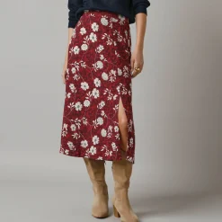 Rok<Lora Zellini Lange rok met split, bloemenprint bordeaux / ecru