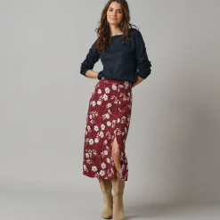 Rok<Lora Zellini Lange rok met split, bloemenprint bordeaux / ecru