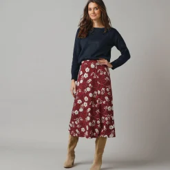 Rok<Lora Zellini Lange rok met split, bloemenprint bordeaux / ecru