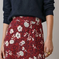 Rok<Lora Zellini Lange rok met split, bloemenprint bordeaux / ecru